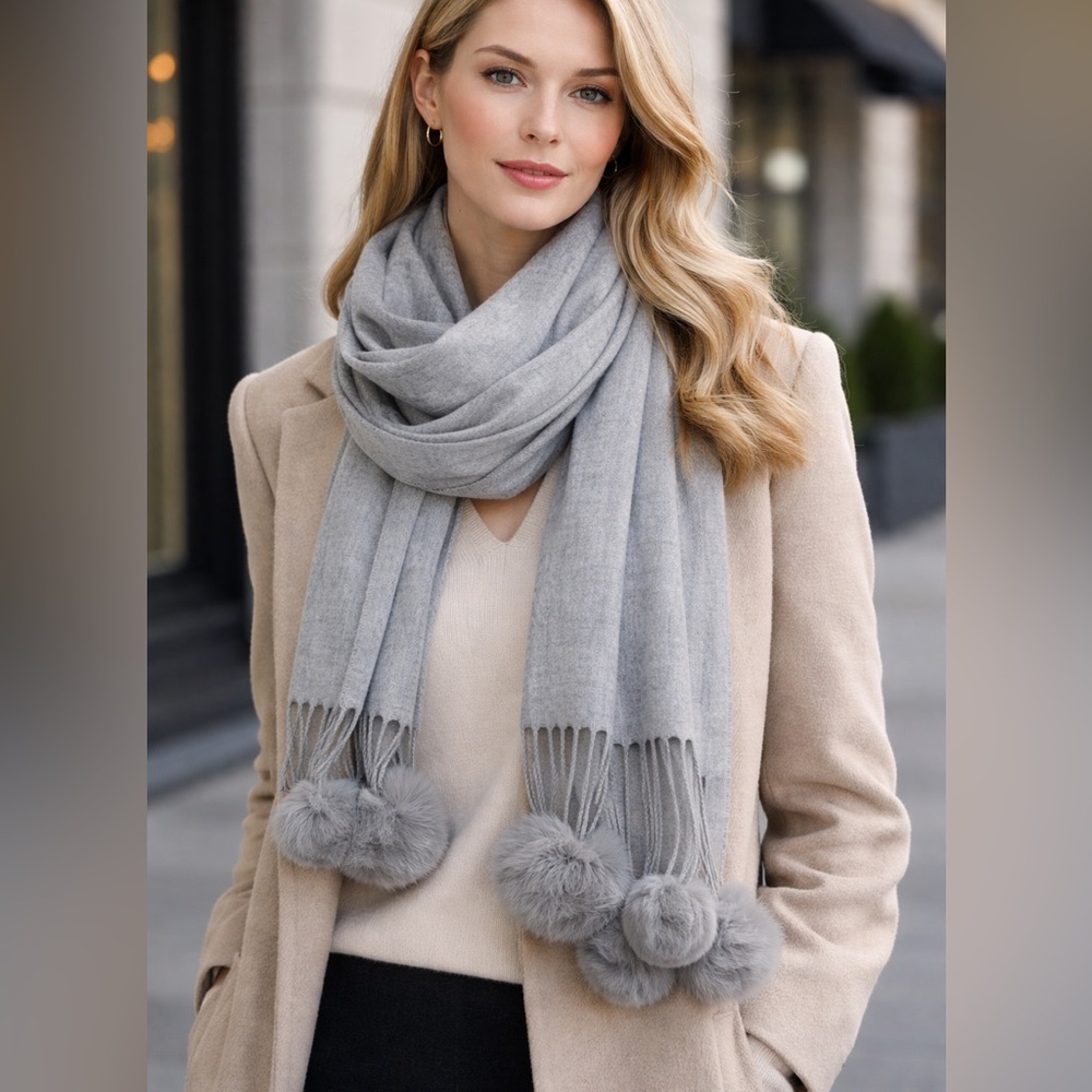 ✨ NWT Lord & Taylor Cashmere-Soft Grey Wrap Scarf with Rabbit Fur Pom Accents